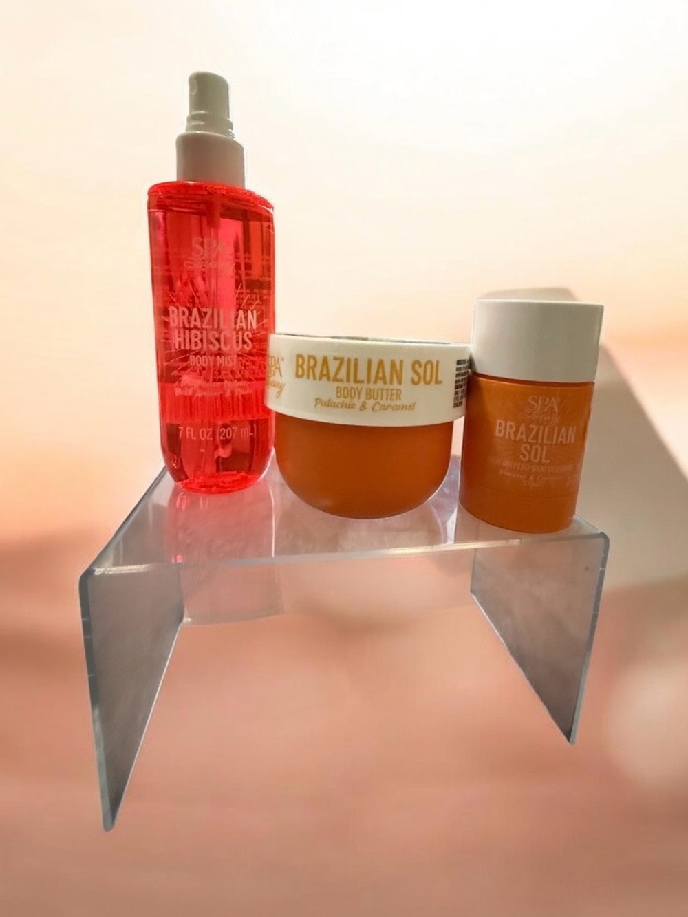 Brazilian sol spa luxury, body cream, body splas mist, antiperspirant deodorant